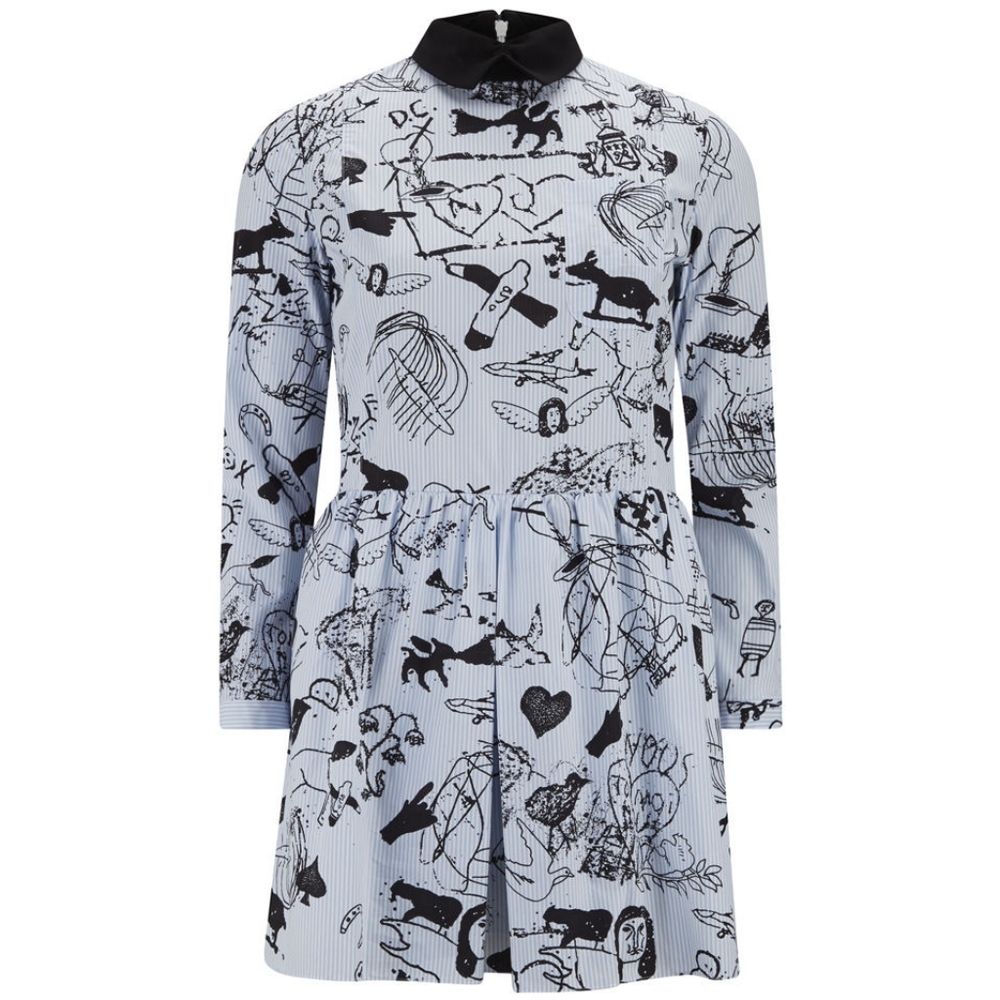 Carven Tattoo Printed Pinstripe Pleat Collared Shirt Dress